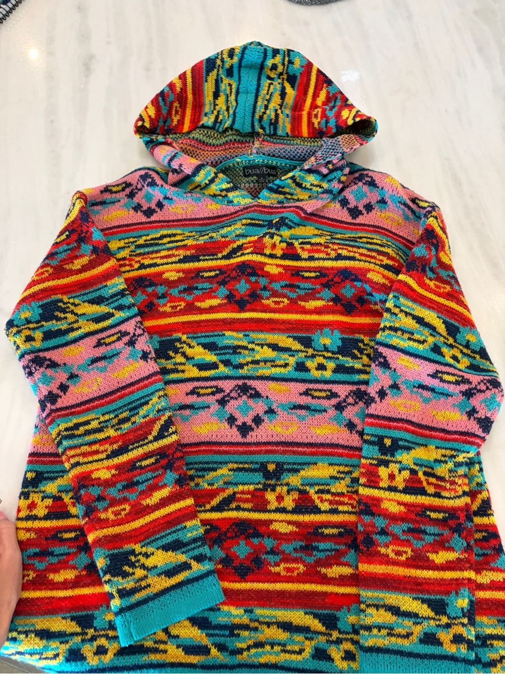 Bua Bua Colorful Southwestern Aztec Hooded Sweater Women M Boho Knit Pullover
